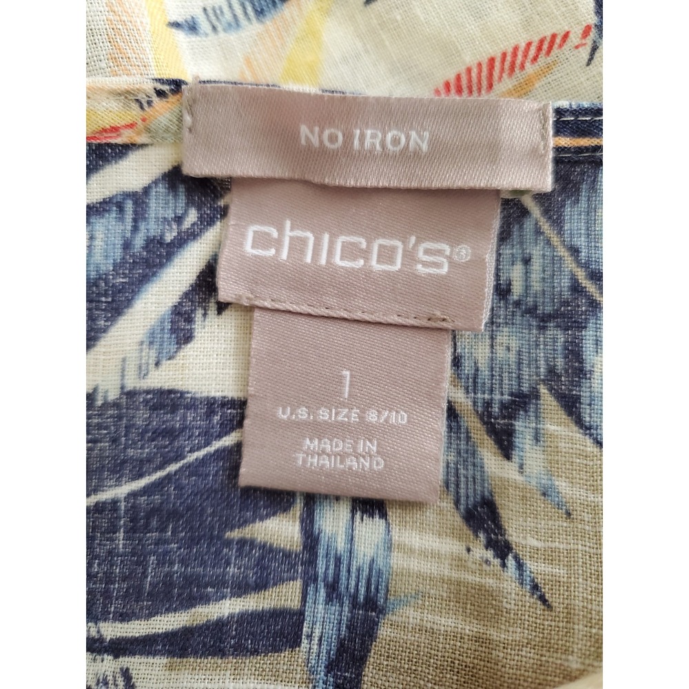 Chico's 1‎ Linen Blend Tropical Leaf Print Sleeve Shirt Top 8-10 Non Iron - Picture 4 of 10